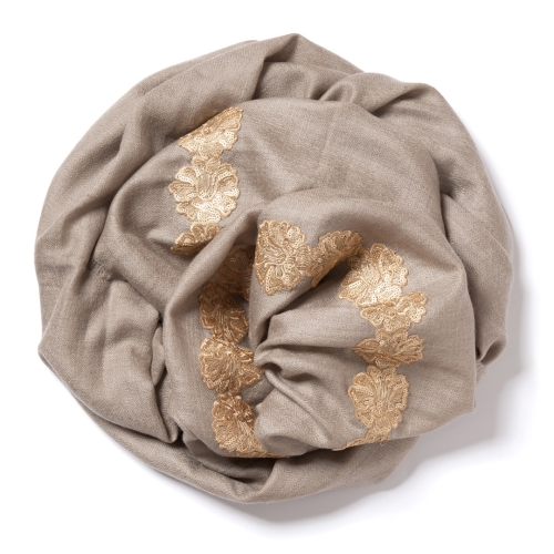 Sand colored Pashmina  with golden floral lace border on the widths