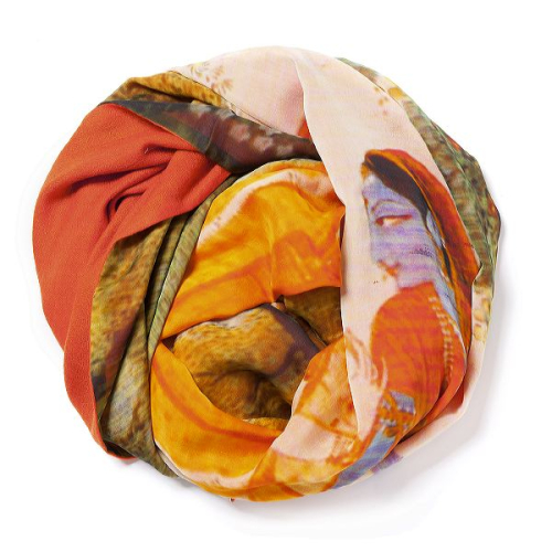 Orange Pashmina  with digital printed Krishna and Radha scene on silk chiffon attached on one side of the scarf