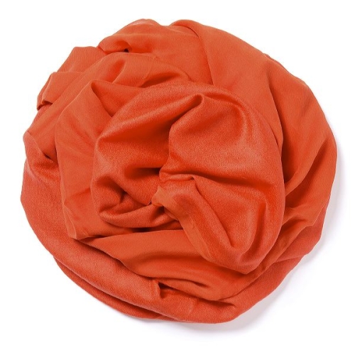 Coral colored Pashmina  with coral colored silk chiffon attached on one side of the scarf