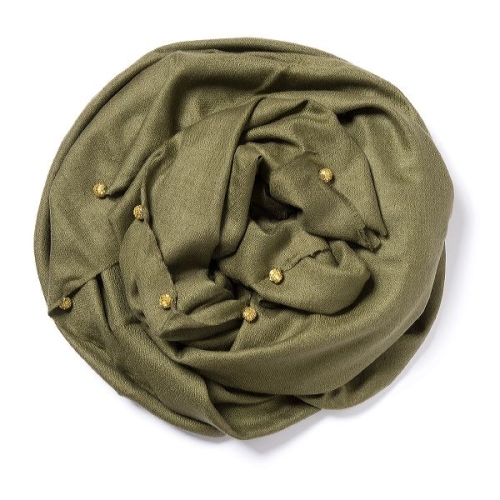 Olive green Pashmina  with little golden bead-balls on the edges