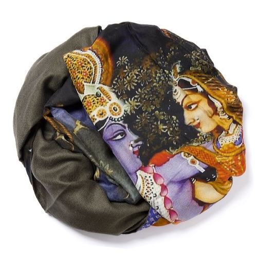 Charcoal colored Pashmina  <p>with digital printed silk chiffon (Radha and Krishna) attached on one side of the scarf</p>
