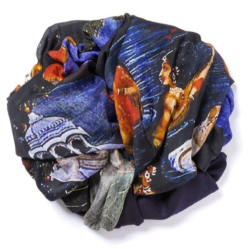 Navy blue Pashmina  with digital printed silk chiffon attached on one side of the scarf