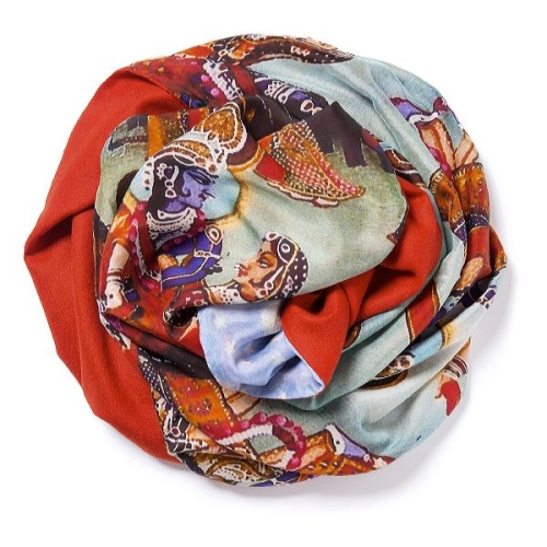 Tomato red Pashmina  with digital printed silk chiffon attached on one side of the scarf