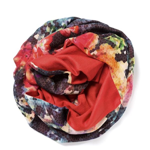 Red Pashmina  with floral digital printed silk chiffon attached on one side of the scarf