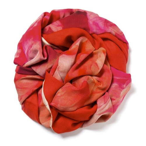 Tomato red Pashmina  with floral digital printed silk chiffon attached on one side of the scarf
