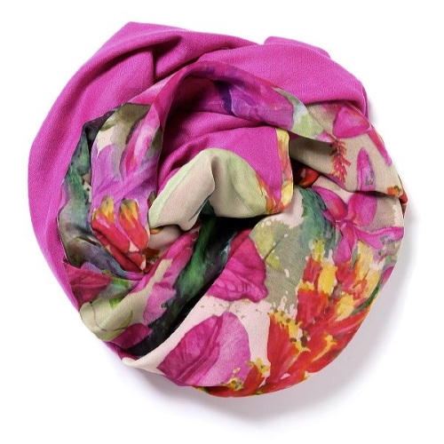 Pink Pashmina  with floral digital printed silk chiffon attached on one side of the scarf