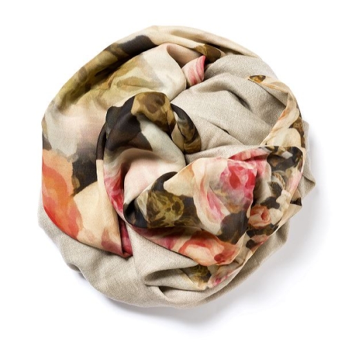 Natural beige Pashmina  with floral digital printed silk chiffon attached on one side of the scarf