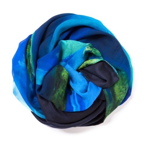 Dark navy blue Pashmina  with digital printed silk chiffon attached on one side of the scarf