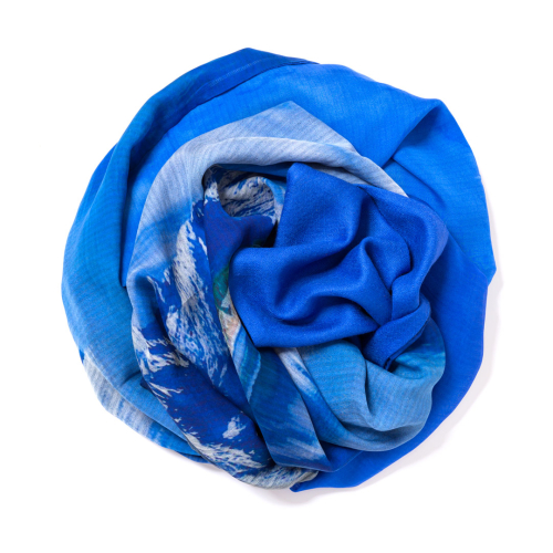 Royal blue Pashmina  with digital printed silk chiffon attached on one side of the scarf