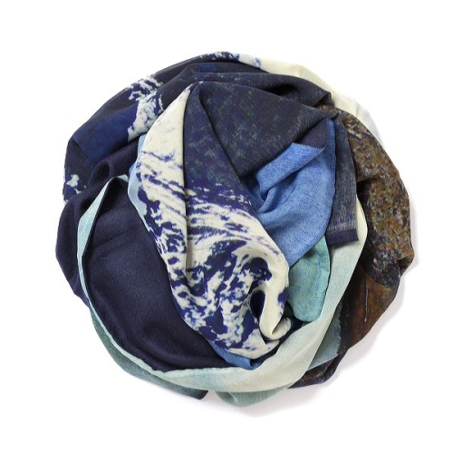Dark navy blue Pashmina  with digital printed silk chiffon attached on one side of the scarf