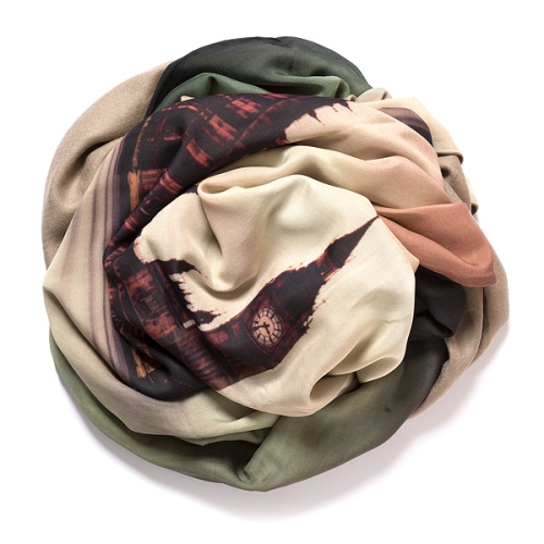 Grey-beige colored pashmina with digital printed silk chiffon (London) attached on one side of the scarf, size: 1x2m